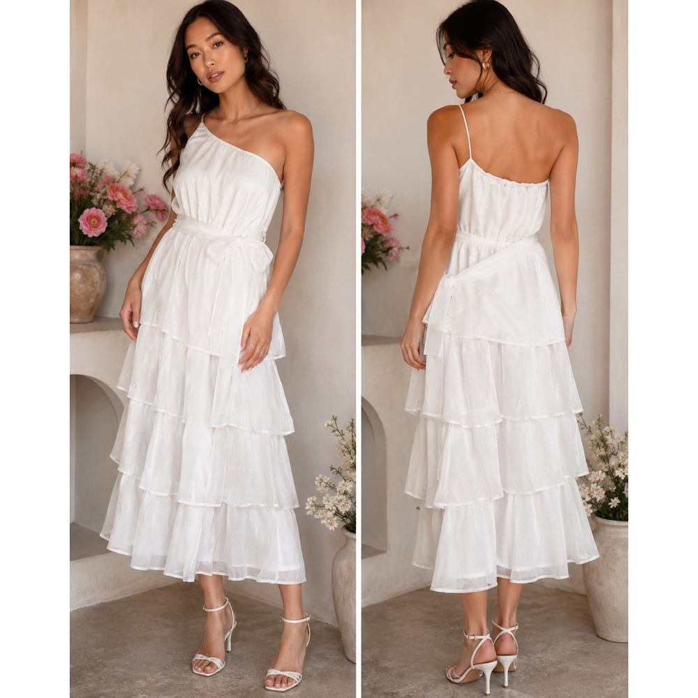 Lulus Women S Midi Dress White One Shoulder Tiered Ruffle Wedding BD10705BL